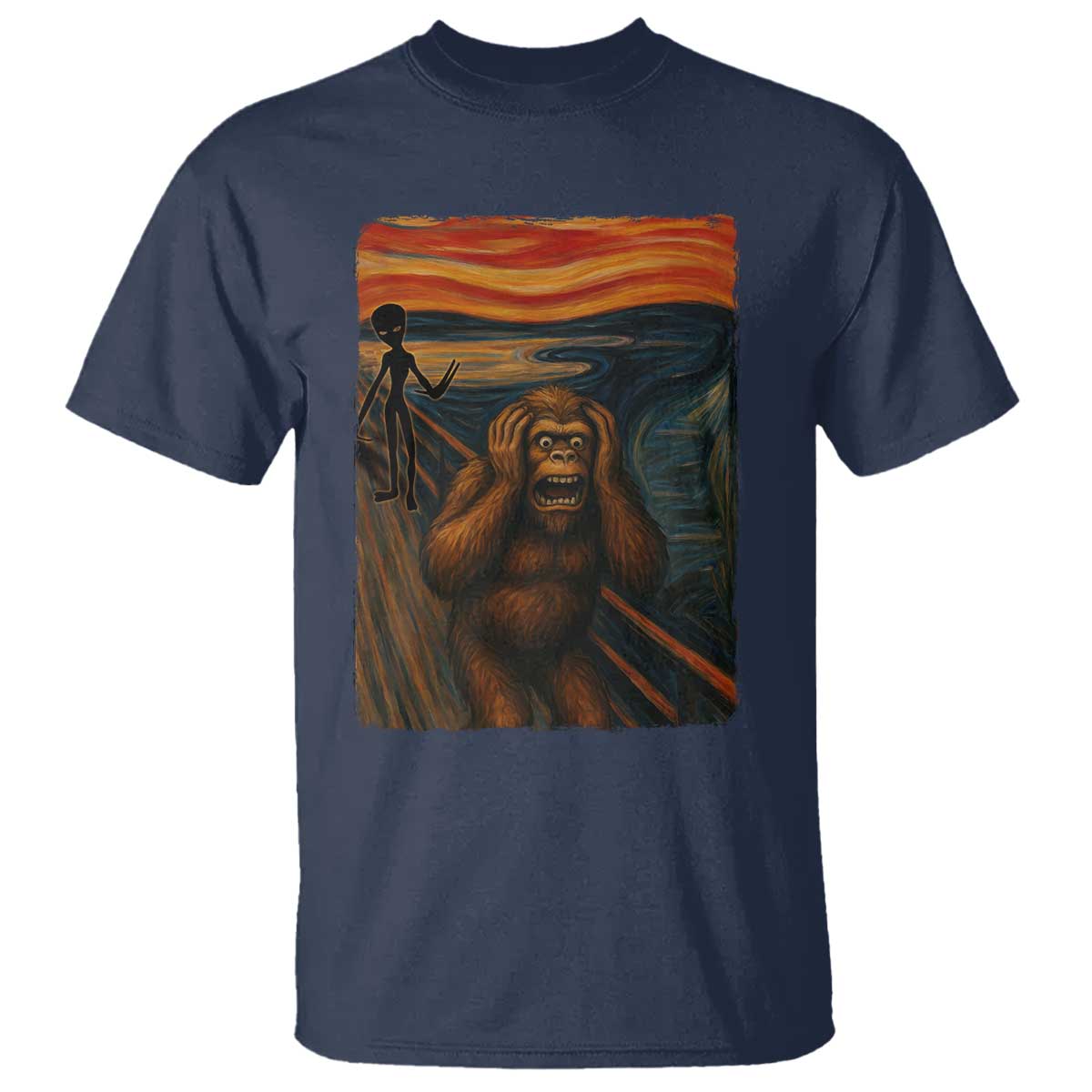 Funny Bigfoot And Alien T Shirt Parody The Scream Art Meme Gift TS12 Navy Print Your Wear