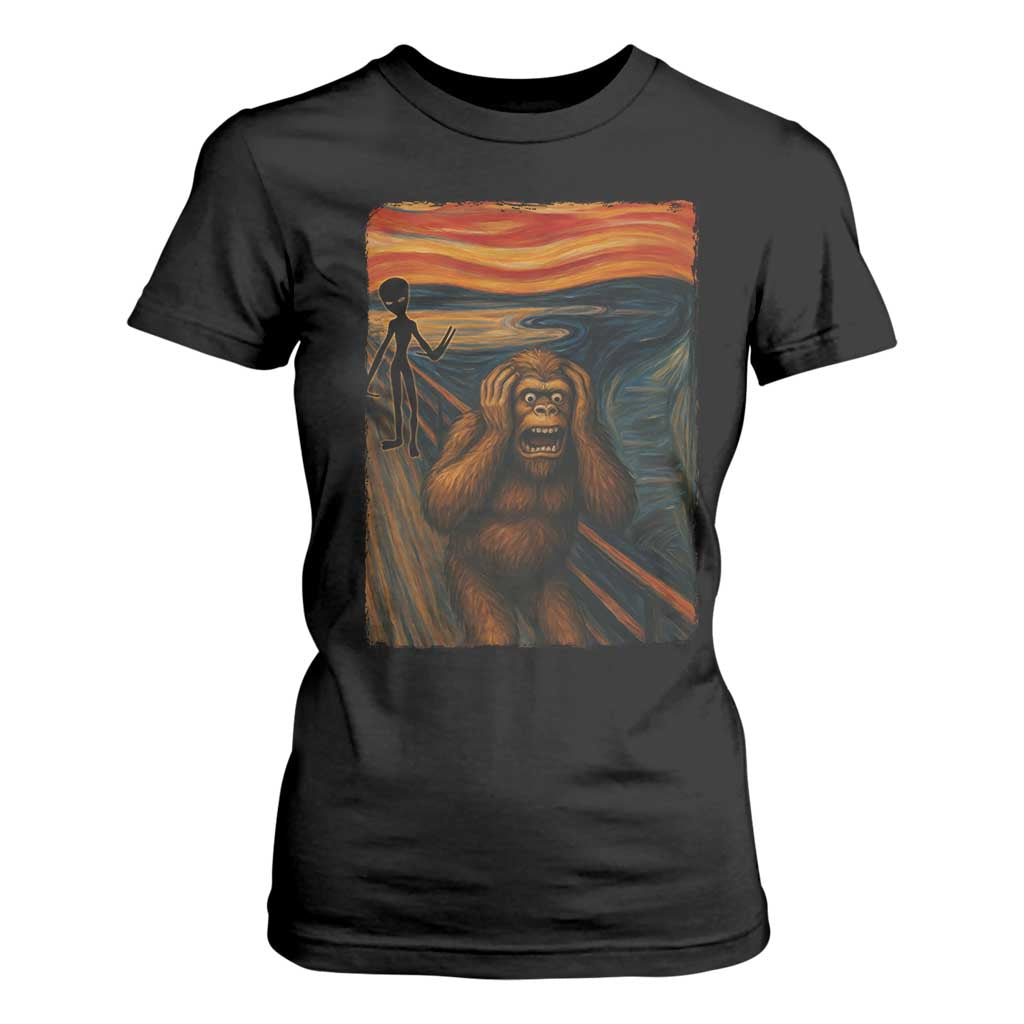 Funny Bigfoot And Alien T Shirt For Women Parody The Scream Art Meme Gift TS12 Black Print Your Wear
