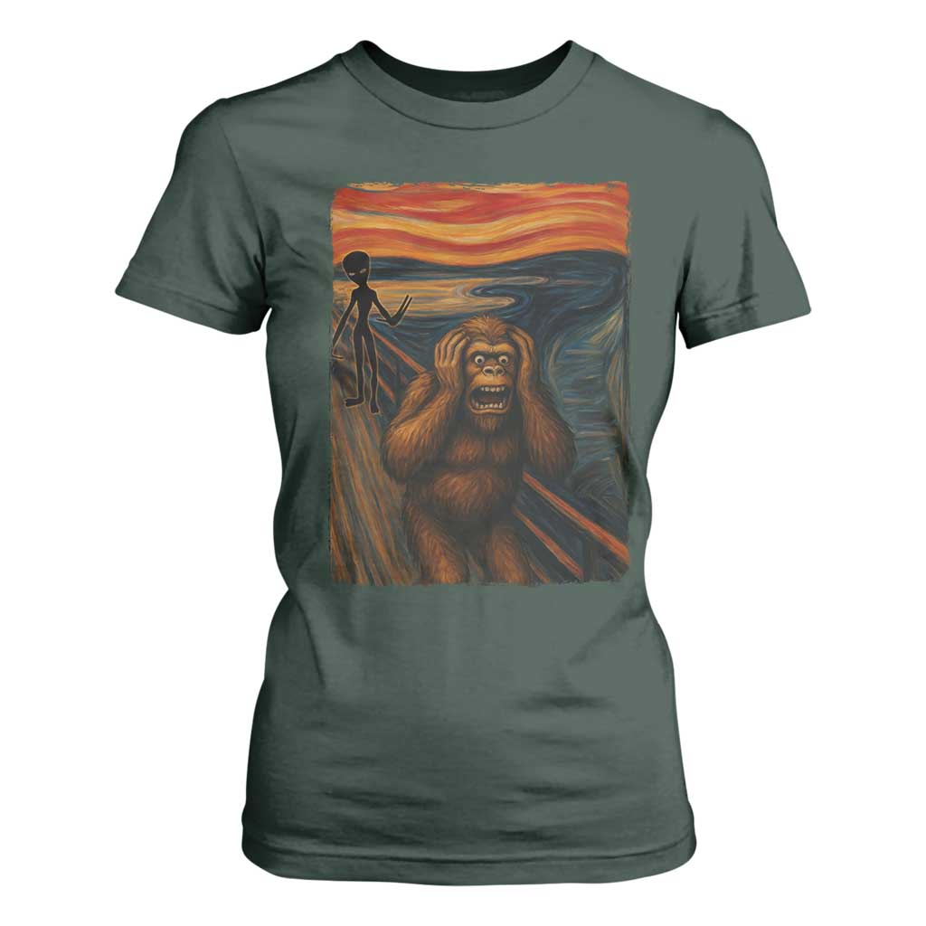 Funny Bigfoot And Alien T Shirt For Women Parody The Scream Art Meme Gift TS12 Dark Forest Green Print Your Wear