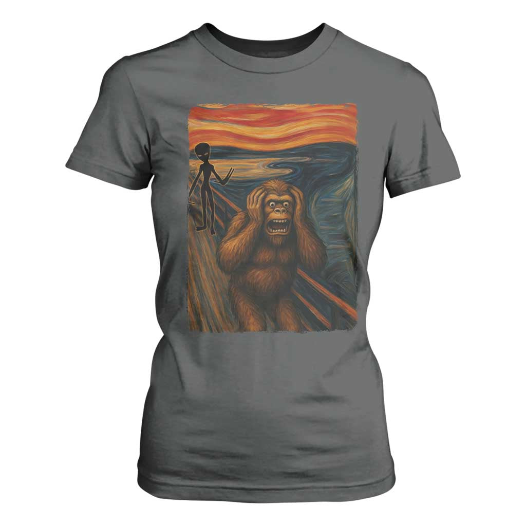 Funny Bigfoot And Alien T Shirt For Women Parody The Scream Art Meme Gift TS12 Dark Heather Print Your Wear