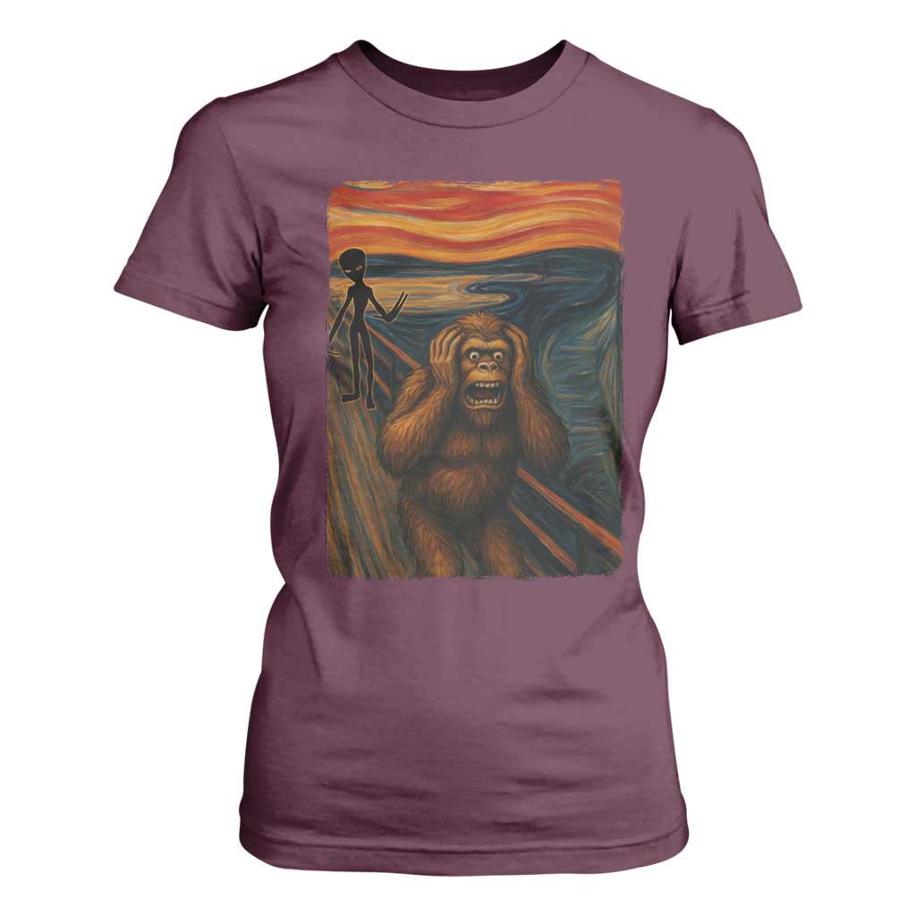 Funny Bigfoot And Alien T Shirt For Women Parody The Scream Art Meme Gift TS12 Maroon Print Your Wear