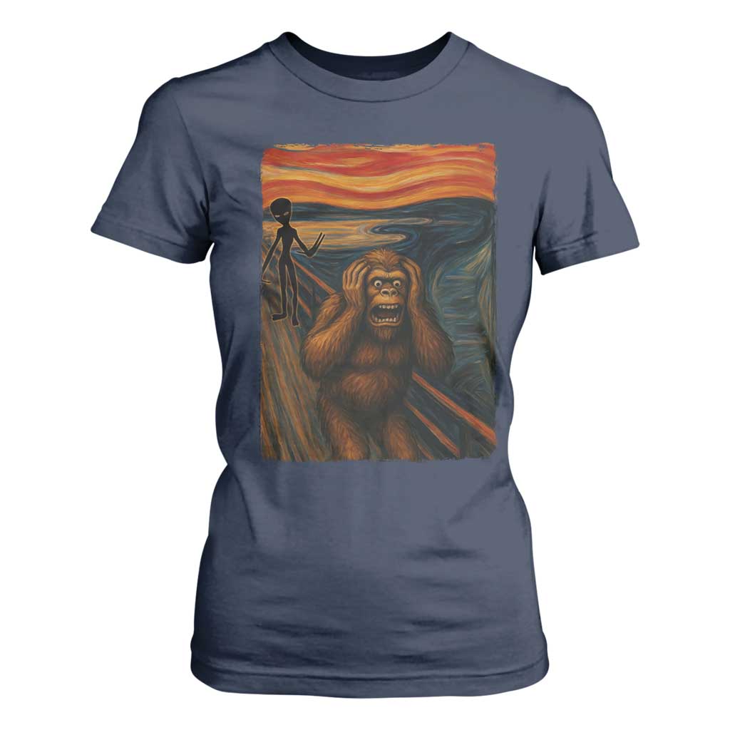 Funny Bigfoot And Alien T Shirt For Women Parody The Scream Art Meme Gift TS12 Navy Print Your Wear