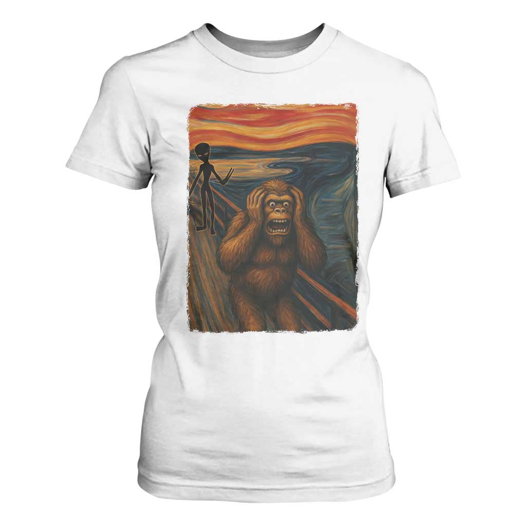 Funny Bigfoot And Alien T Shirt For Women Parody The Scream Art Meme Gift TS12 White Print Your Wear