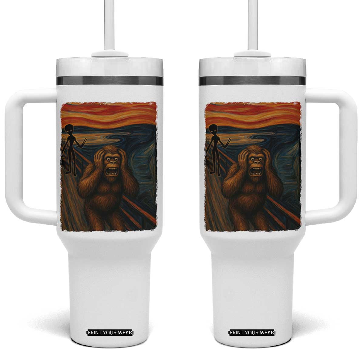 Funny Bigfoot And Alien Tumbler With Handle Parody The Scream Art Meme Gift TS12 One Size: 40 oz White Print Your Wear