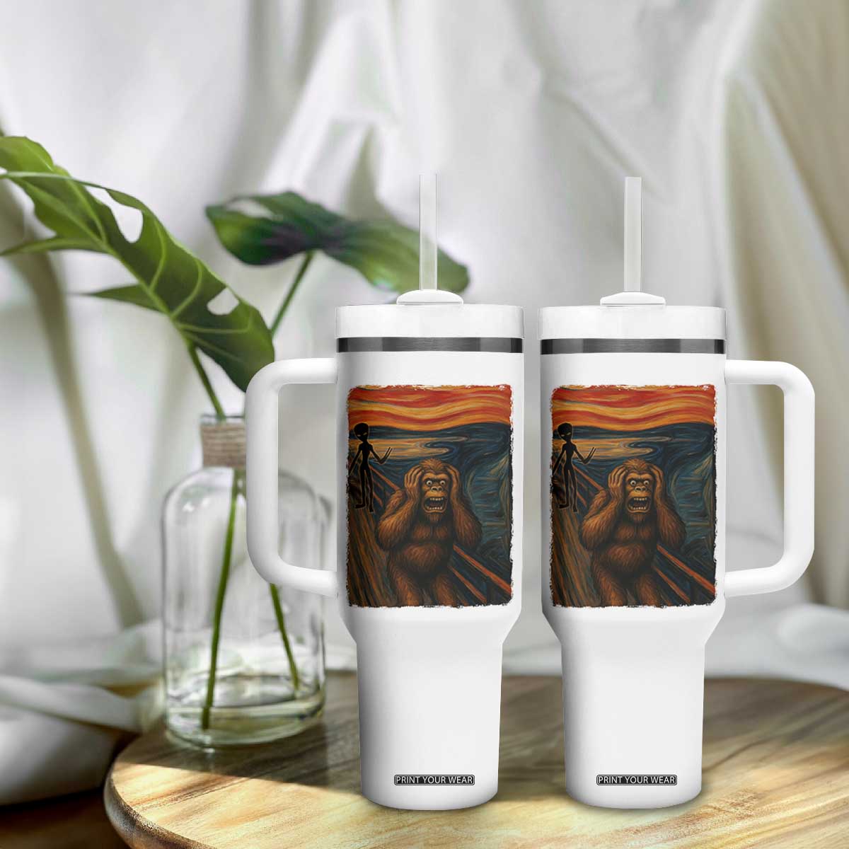 Funny Bigfoot And Alien Tumbler With Handle Parody The Scream Art Meme Gift TS12 Print Your Wear
