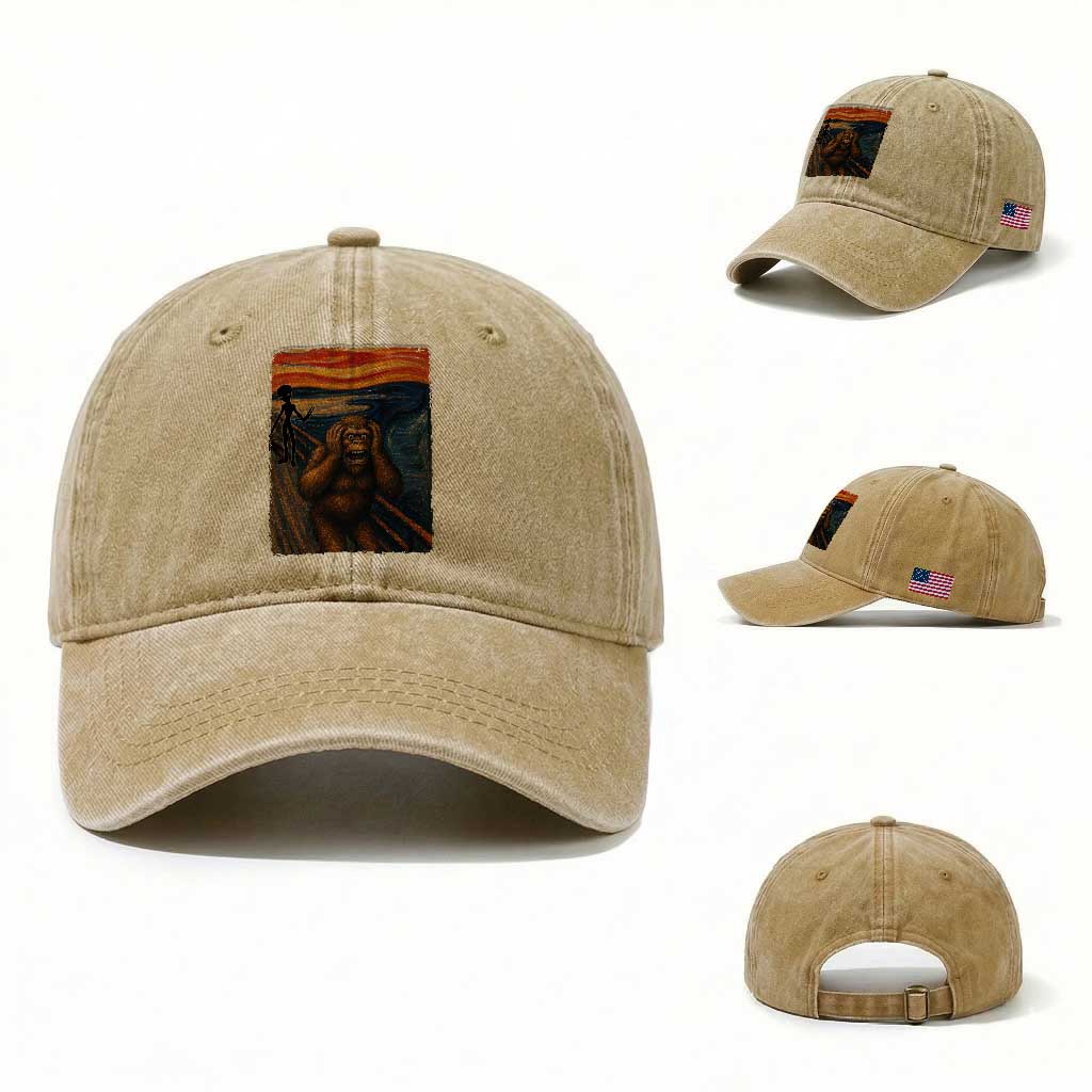 Funny Bigfoot And Alien Washed Cotton Baseball Cap Parody The Scream Art Meme Gift TS12 Washed Cap Universal Fit Khaki Print Your Wear