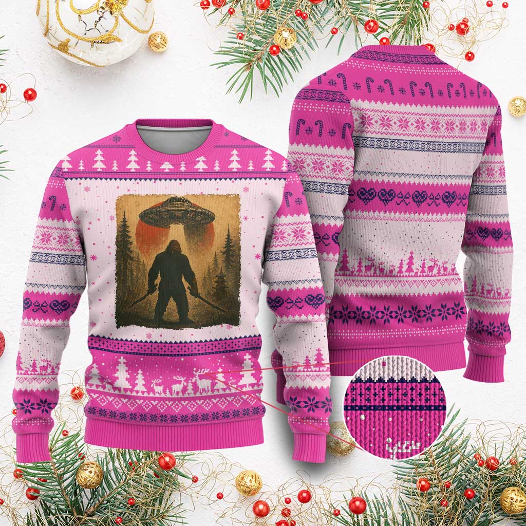 Samurai Bigfoot Ugly Christmas Sweater Japanese Vintage Ukiyoe Style TS12 Hot Pink Print Your Wear