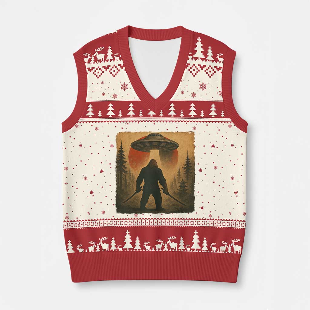 Samurai Bigfoot V-Neck Knit Sweater Vest Japanese Vintage Ukiyoe Style TS12 Beige Red Print Your Wear