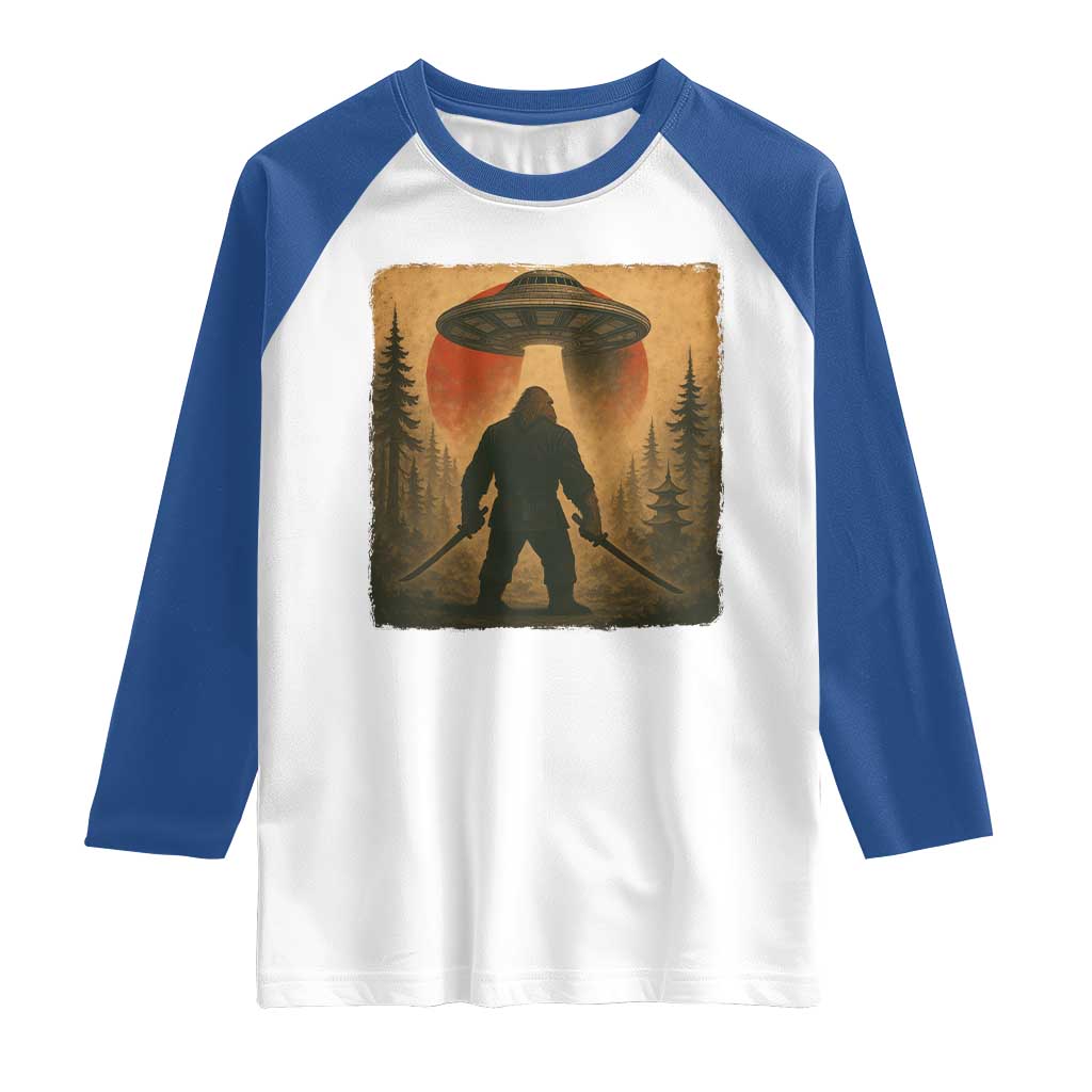 Samurai Bigfoot Raglan Shirt Japanese Vintage Ukiyoe Style TS12 White Royal Print Your Wear