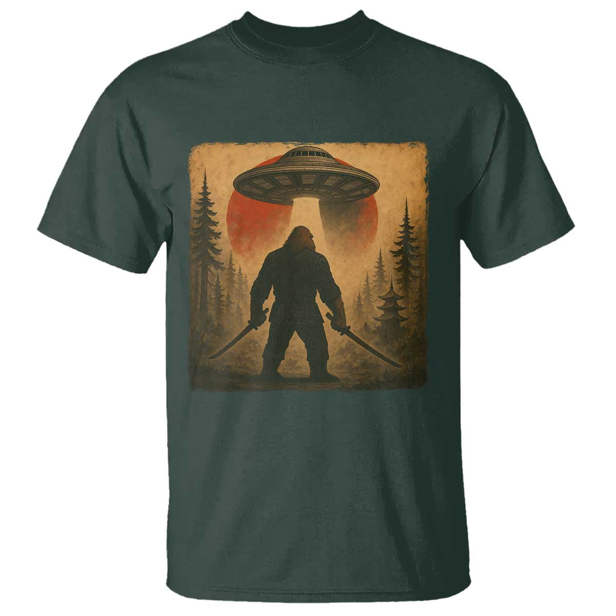 Samurai Bigfoot T Shirt Japanese Vintage Ukiyoe Style TS12 Dark Forest Green Print Your Wear