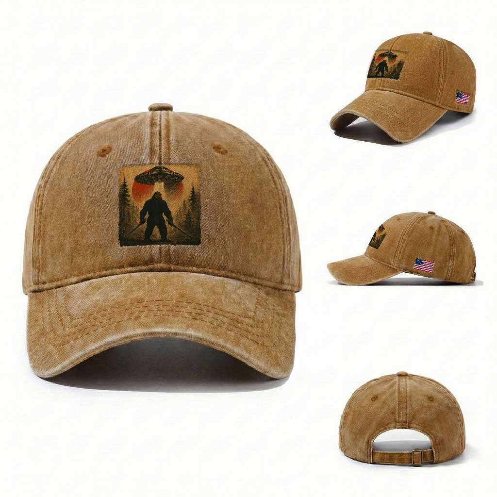 Samurai Bigfoot Washed Cotton Baseball Cap Japanese Vintage Ukiyoe Style TS12 Washed Cap Universal Fit Yellow Ochre Print Your Wear