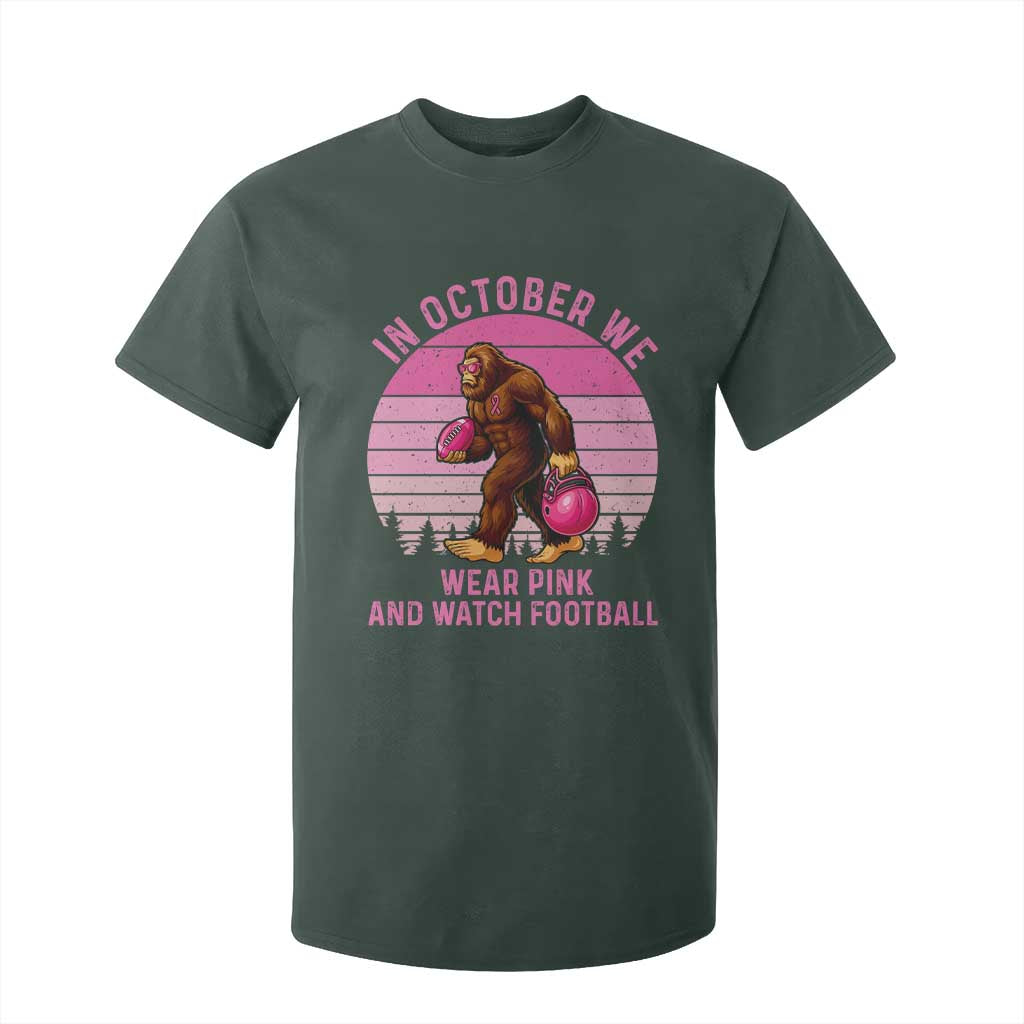 In October We Wear Pink Football T Shirt For Kid Support Breast Cancer Awareness TS12 Dark Forest Green Print Your Wear