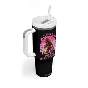 In October We Wear Pink Football Tumbler With Handle Support Breast Cancer Awareness TS12 Print Your Wear