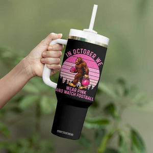 In October We Wear Pink Football Tumbler With Handle Support Breast Cancer Awareness TS12 Print Your Wear