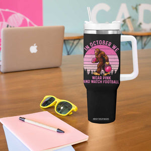 In October We Wear Pink Football Tumbler With Handle Support Breast Cancer Awareness TS12 Print Your Wear
