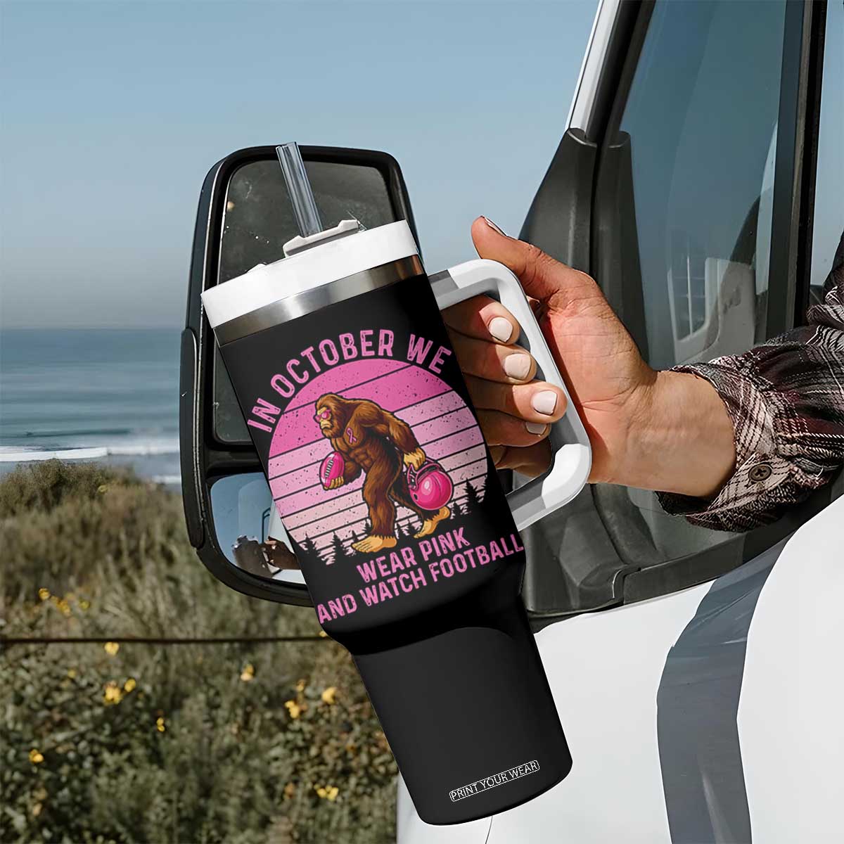 In October We Wear Pink Football Tumbler With Handle Support Breast Cancer Awareness TS12 Print Your Wear