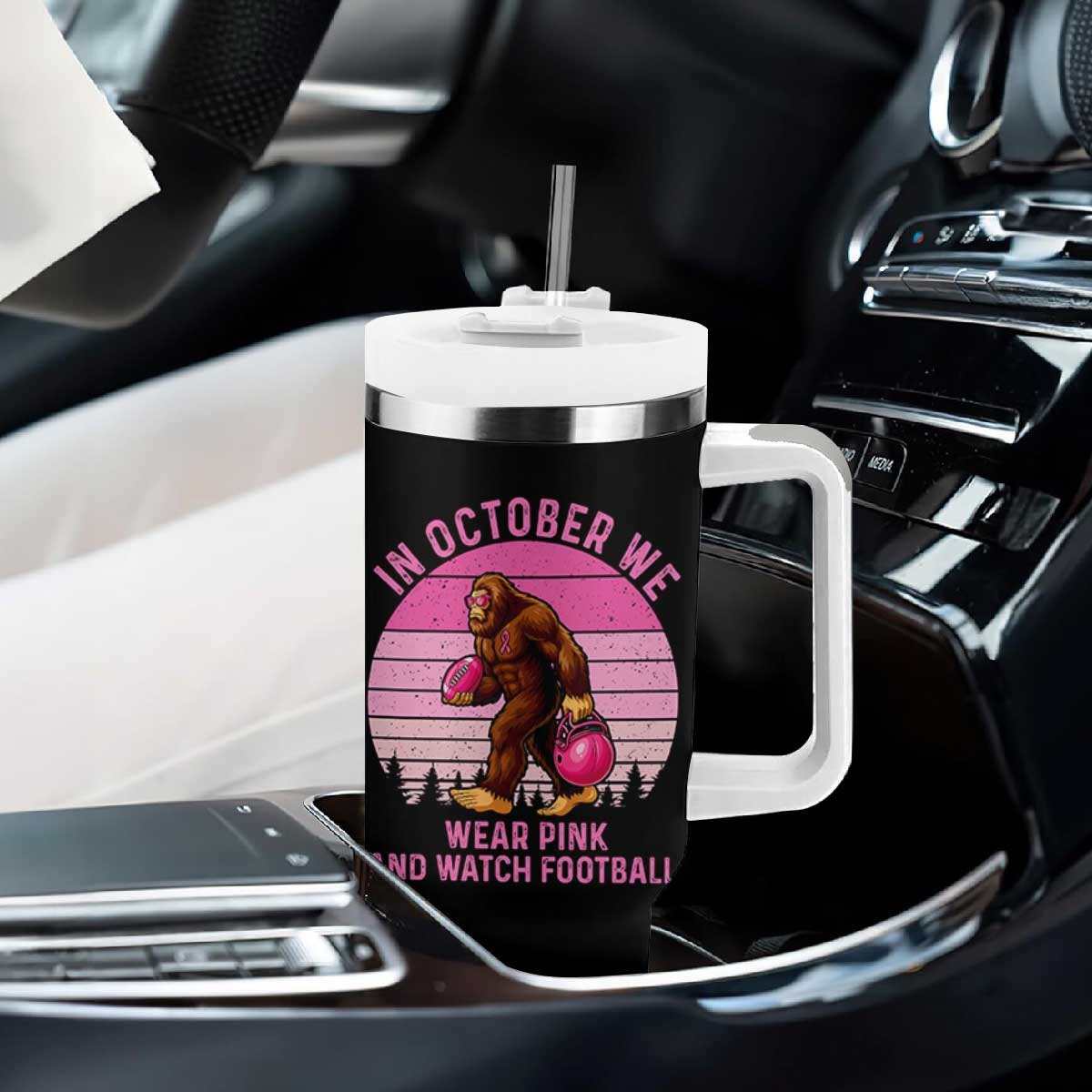 In October We Wear Pink Football Tumbler With Handle Support Breast Cancer Awareness TS12 Print Your Wear