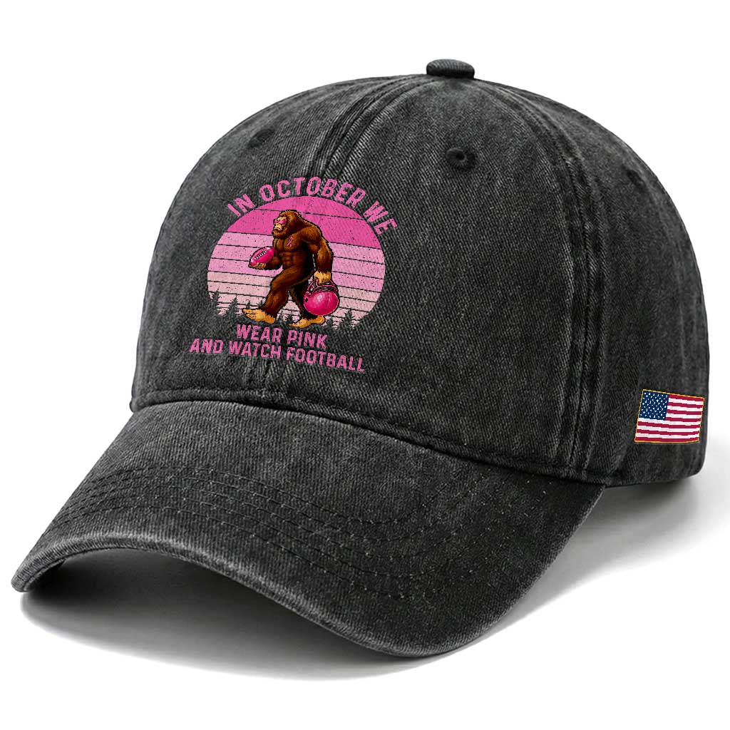In October We Wear Pink Football Washed Cotton Baseball Cap Support Breast Cancer Awareness TS12 Print Your Wear
