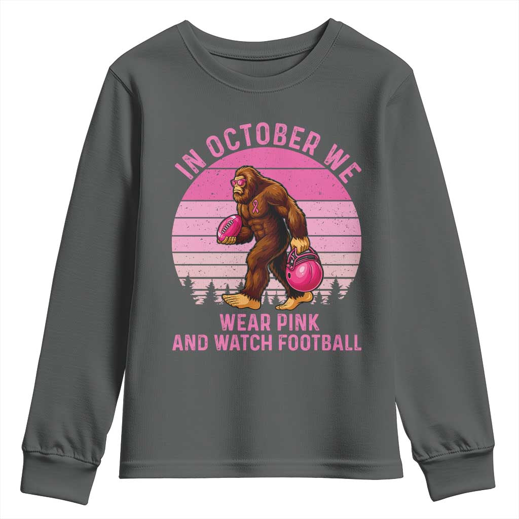 In October We Wear Pink Football Youth Sweatshirt Support Breast Cancer Awareness TS12 Dark Heather Print Your Wear