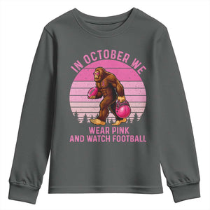 In October We Wear Pink Football Youth Sweatshirt Support Breast Cancer Awareness TS12 Dark Heather Print Your Wear