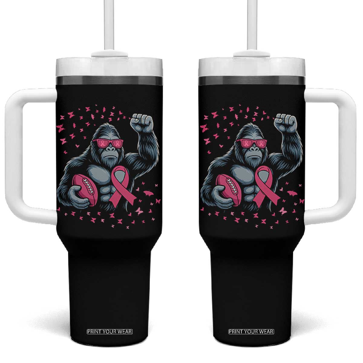 Funny Bigfoot Football Tumbler With Handle Breast Cancer Awareness Gift TS12 One Size: 40 oz Black Print Your Wear