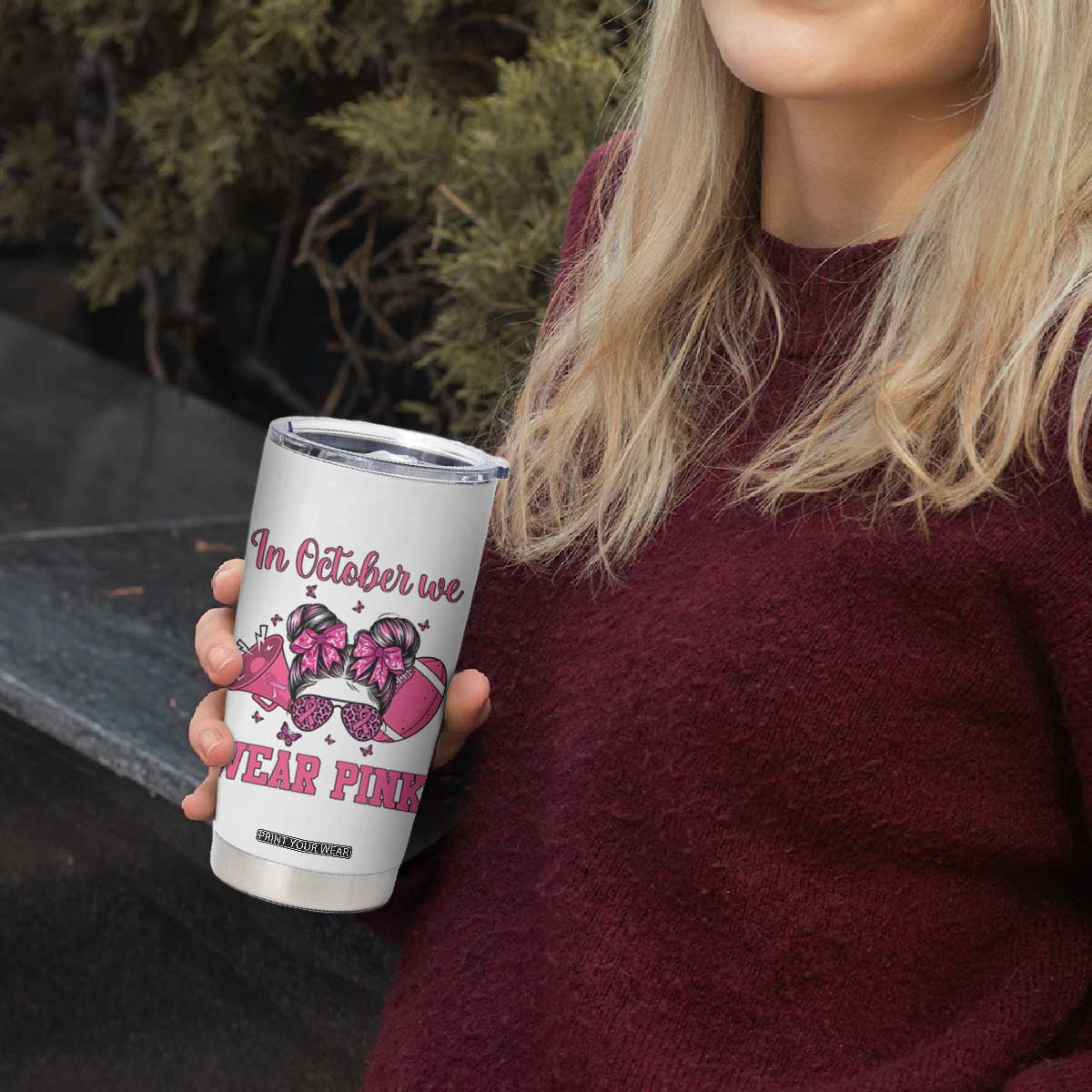In October We Wear Pink Football Tumbler Cup Funny Football Awareness Gift TS12 Print Your Wear