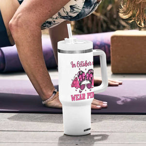 In October We Wear Pink Football Tumbler With Handle Funny Football Awareness Gift TS12 Print Your Wear