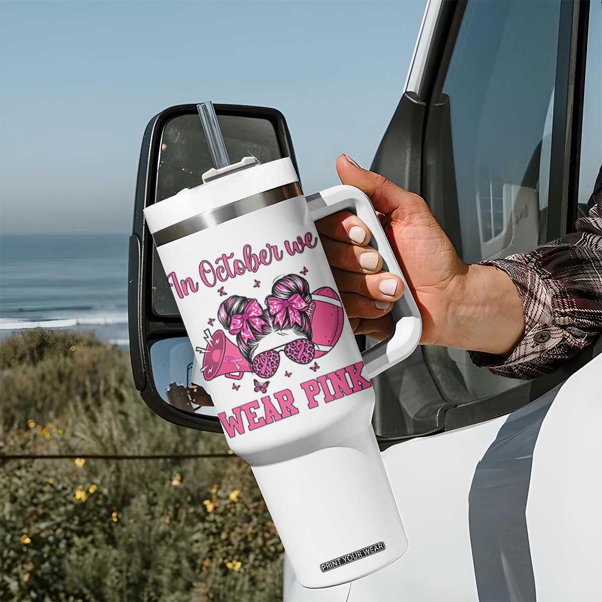 In October We Wear Pink Football Tumbler With Handle Funny Football Awareness Gift TS12 Print Your Wear
