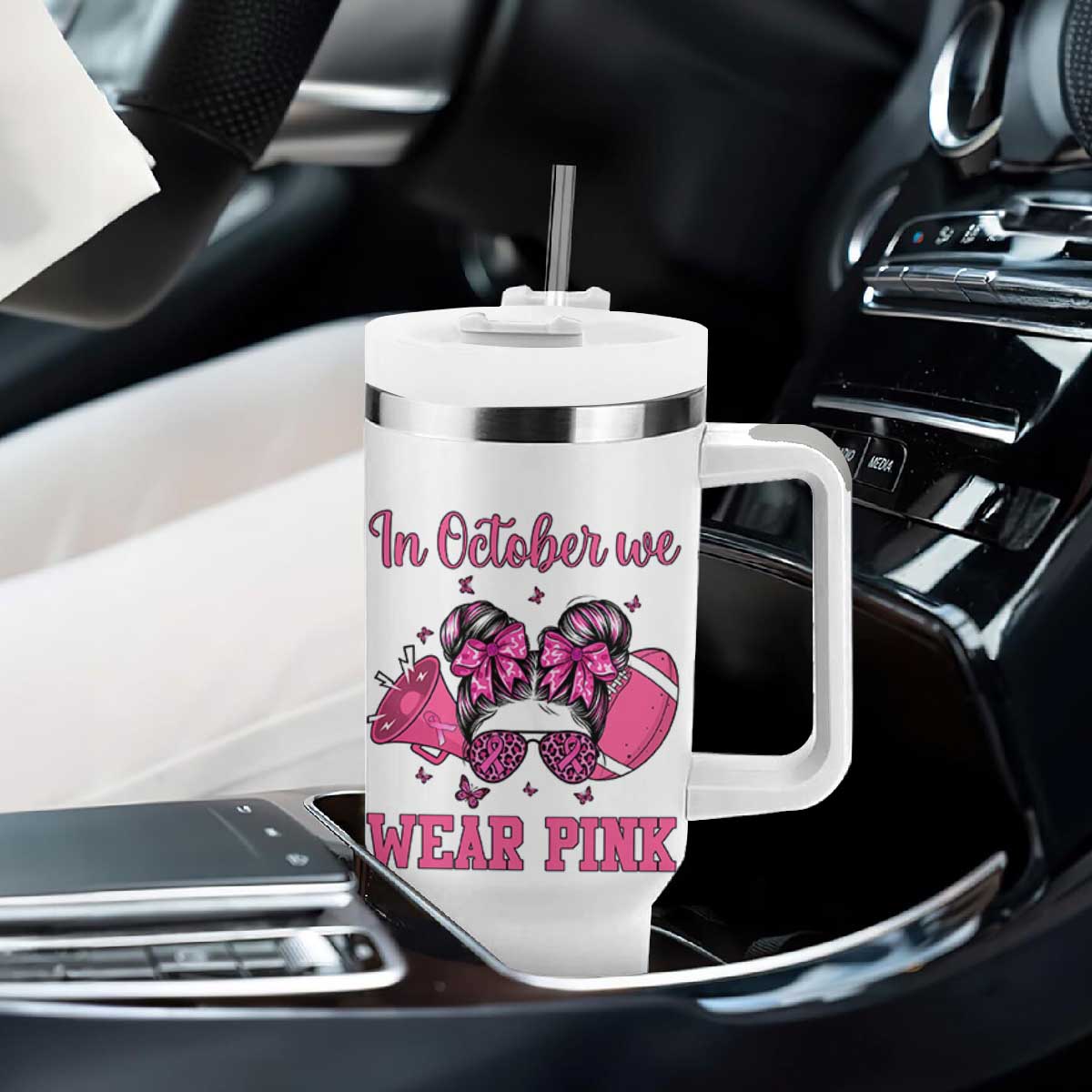 In October We Wear Pink Football Tumbler With Handle Funny Football Awareness Gift TS12 Print Your Wear