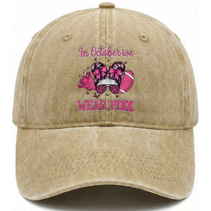 In October We Wear Pink Football Washed Cotton Baseball Cap Funny Football Awareness Gift TS12 Print Your Wear