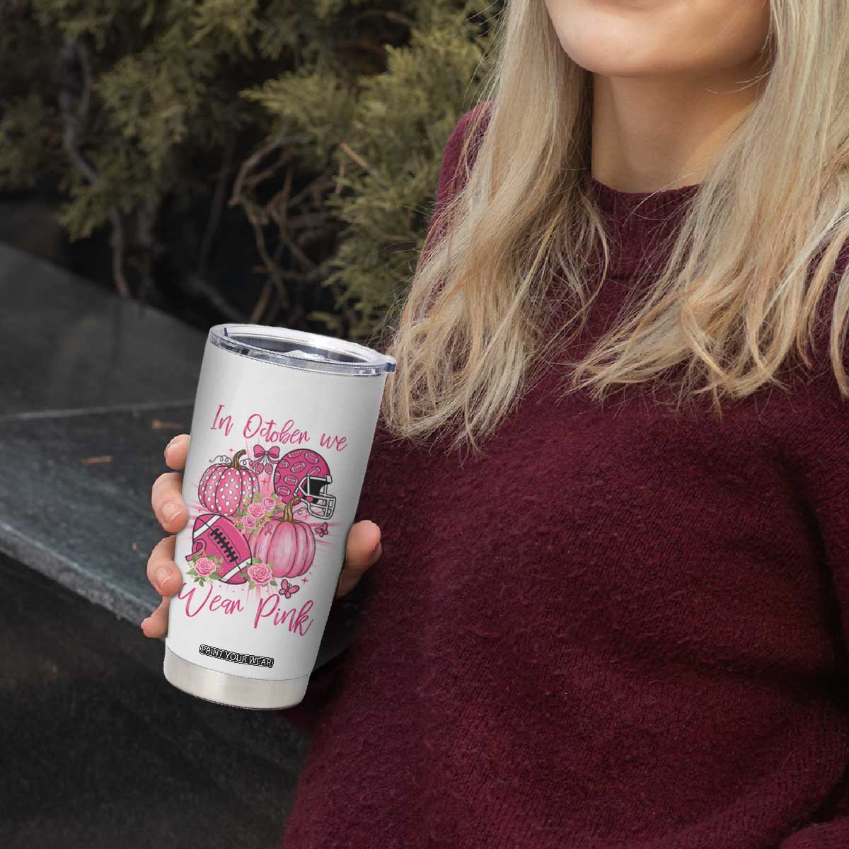 Football Breast Cancer Awareness Tumbler Cup In October We Wear Pink Gift TS12 Print Your Wear