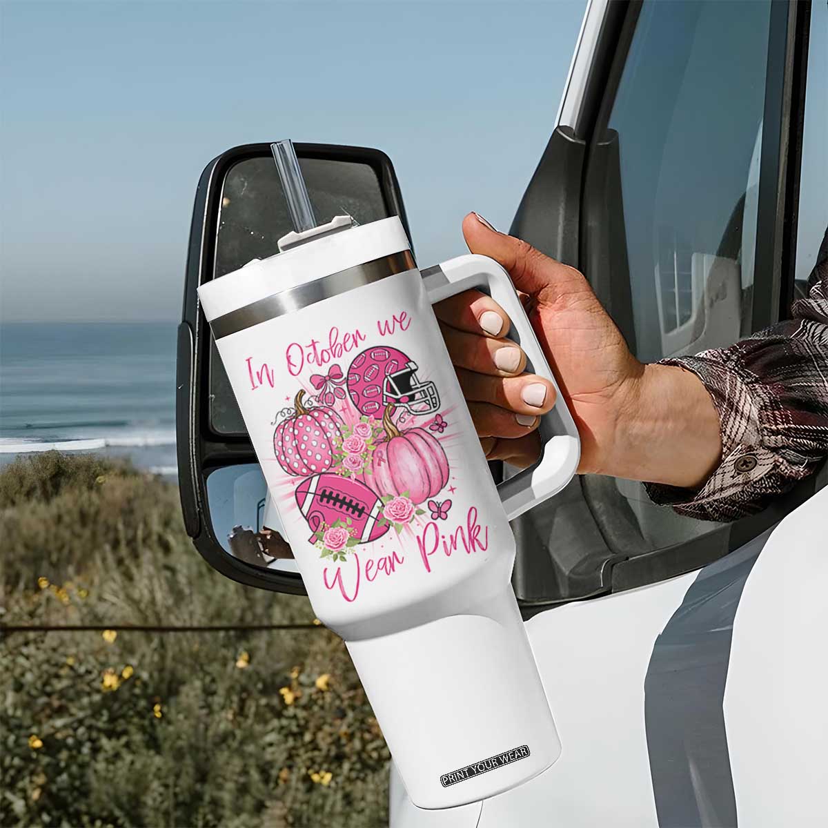 Football Breast Cancer Awareness Tumbler With Handle In October We Wear Pink Gift TS12 Print Your Wear