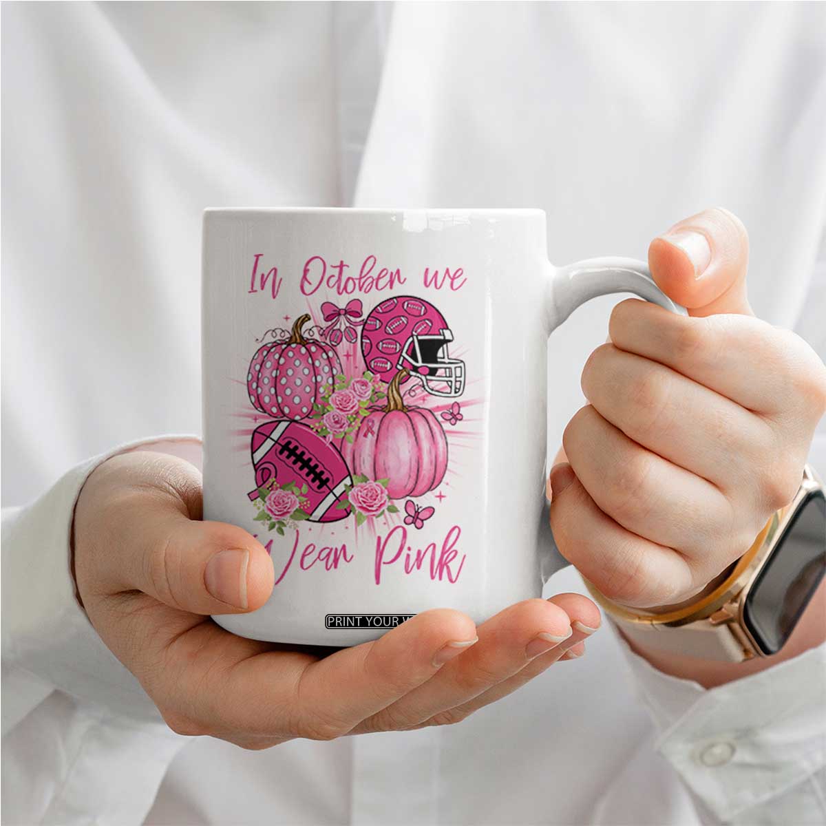 Football Breast Cancer Awareness Coffee Mug In October We Wear Pink Gift TS12 Print Your Wear