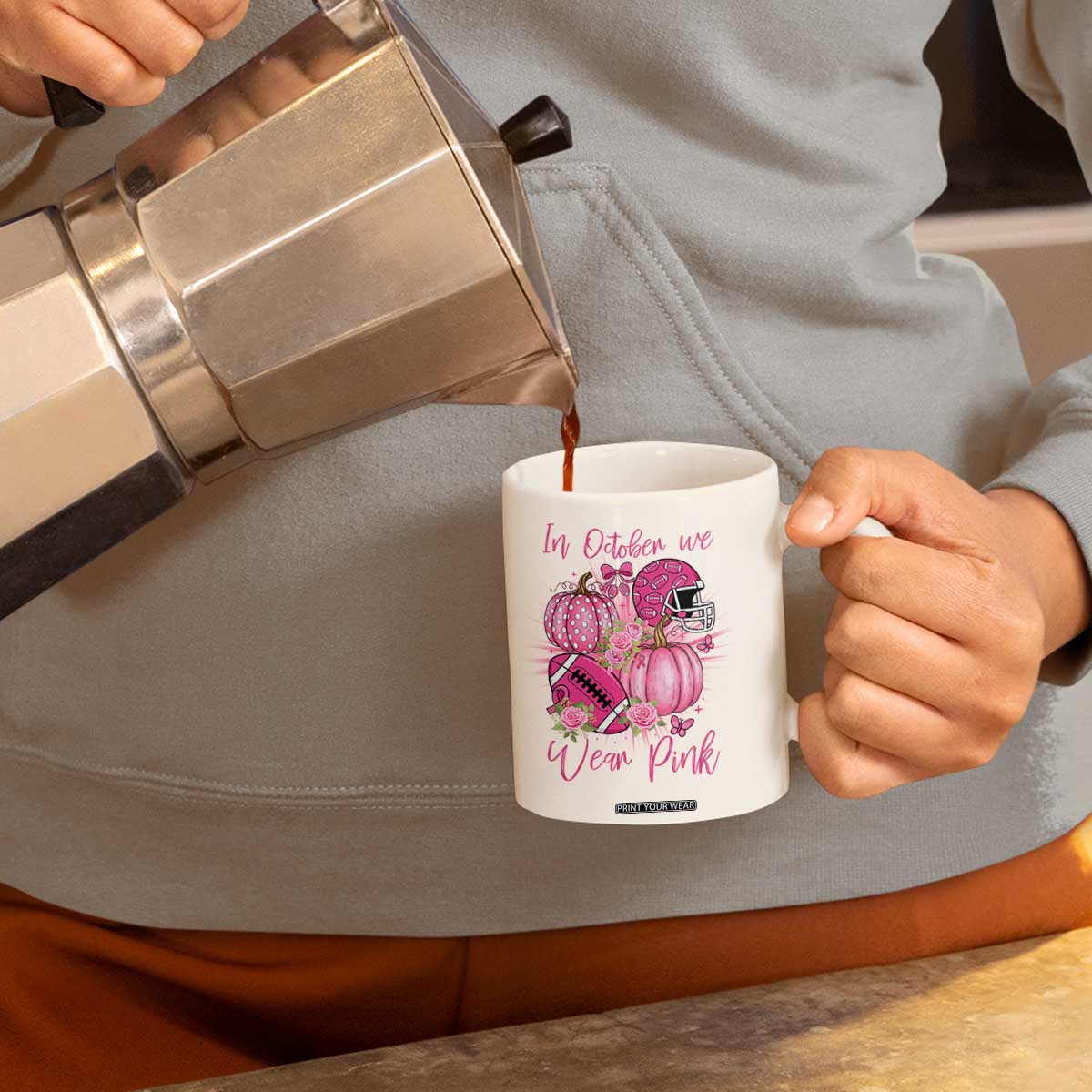 Football Breast Cancer Awareness Coffee Mug In October We Wear Pink Gift TS12 Print Your Wear