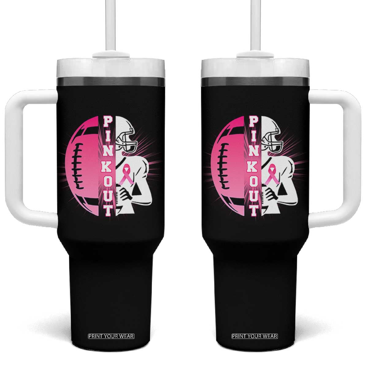 Pink Out Game Day Football Tumbler With Handle Breast Cancer Support TS12 One Size: 40 oz Black Print Your Wear