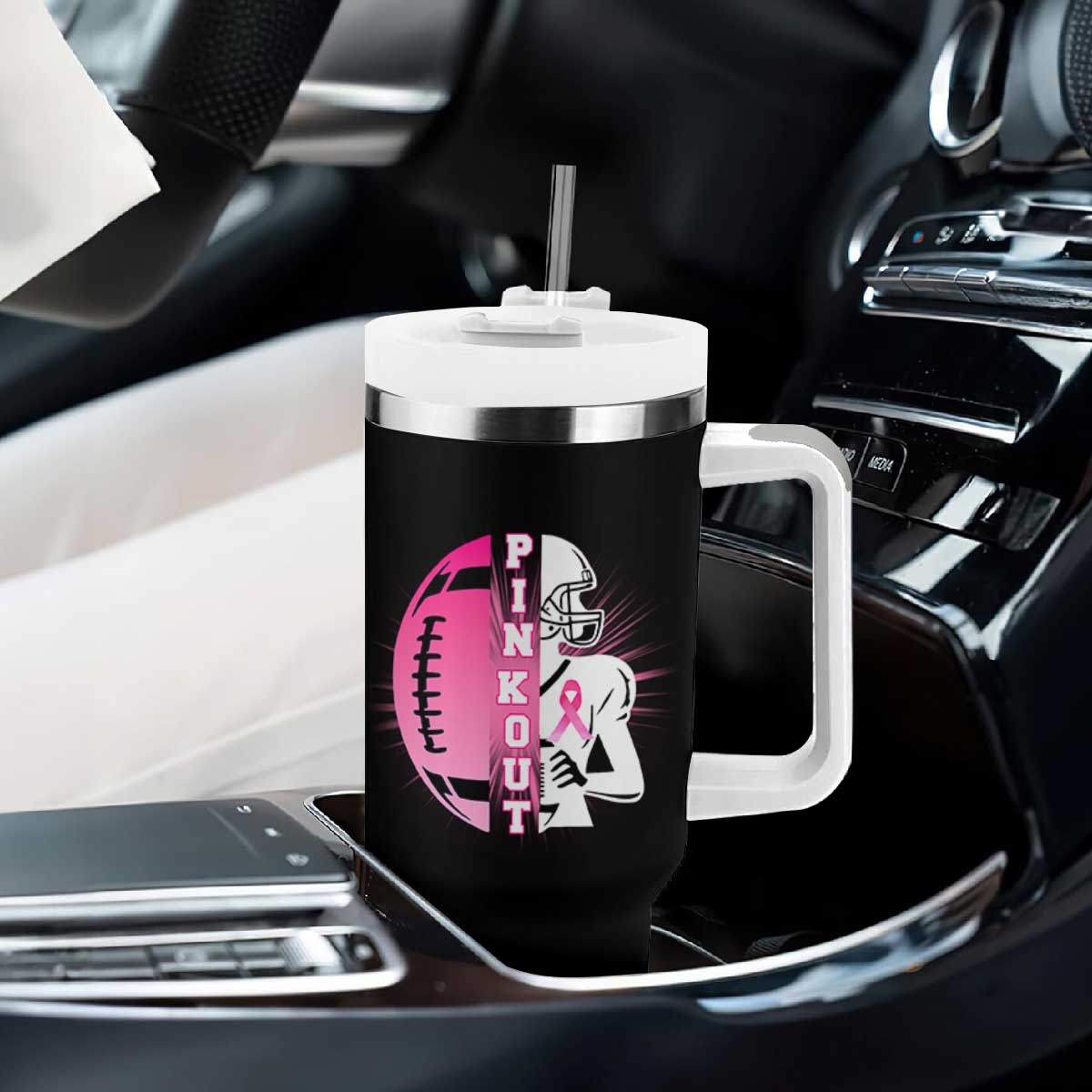 Pink Out Game Day Football Tumbler With Handle Breast Cancer Support TS12 Print Your Wear