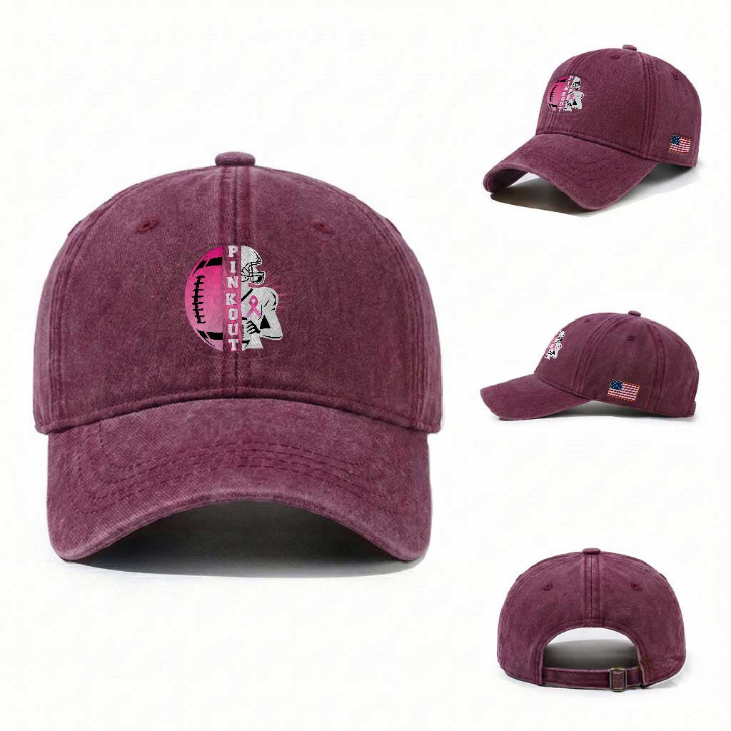 Pink Out Game Day Football Washed Cotton Baseball Cap Breast Cancer Support TS12 Washed Cap Universal Fit Burgundy Print Your Wear