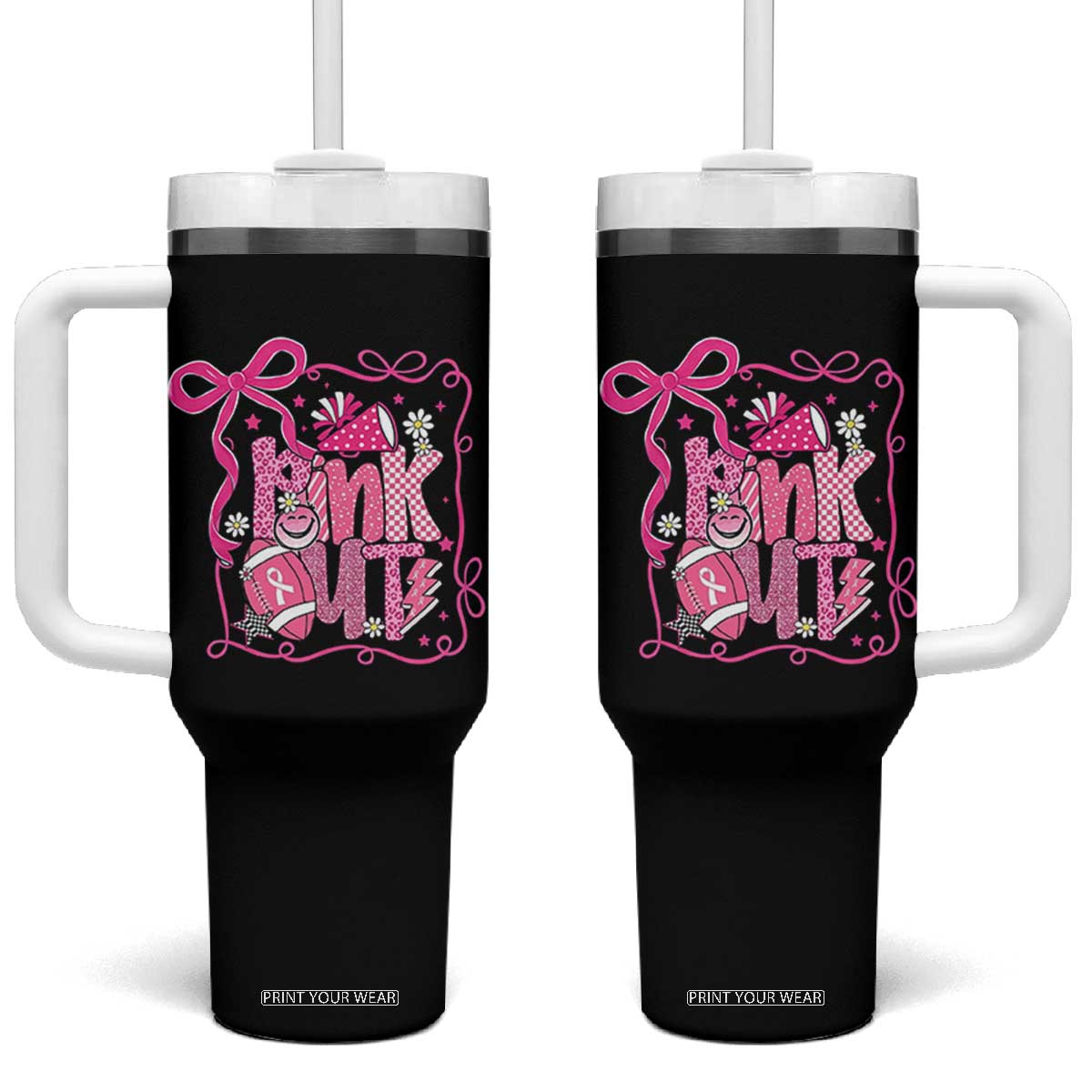 Pink Out Tumbler With Handle Football Support Breast Cancer Gift TS12 One Size: 40 oz Black Print Your Wear
