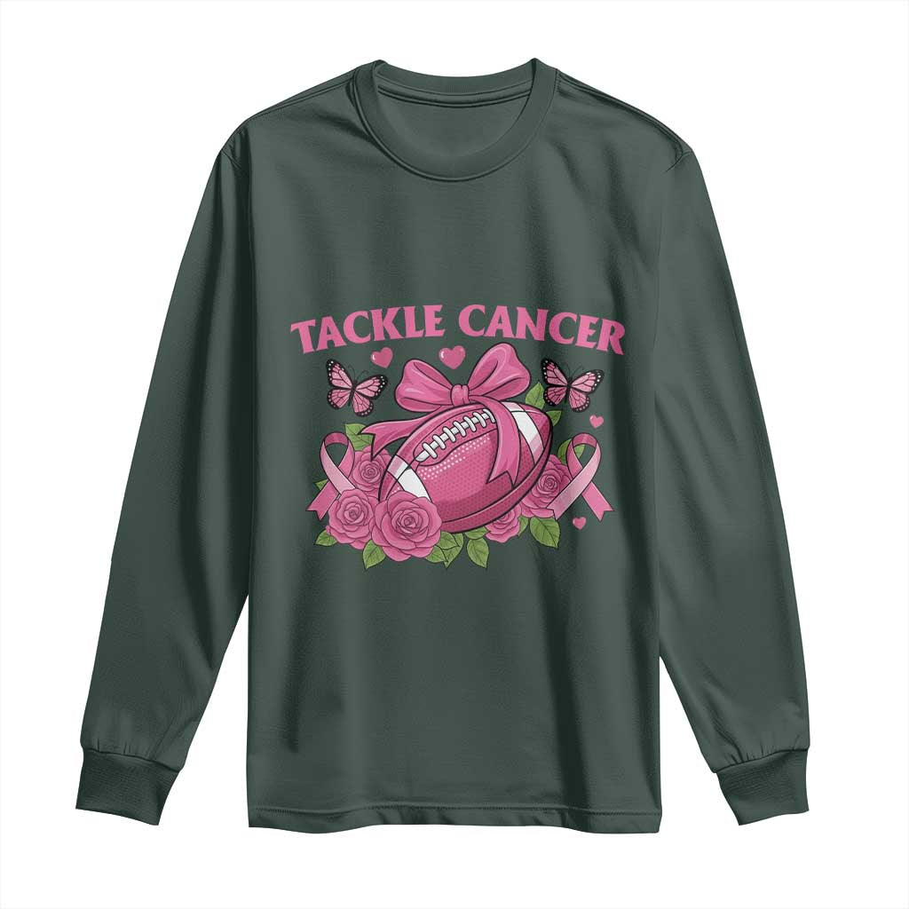 Tackle Cancer Long Sleeve Shirt Football Breast Cancer Awareness Pink Ribbon TS12 Dark Forest Green Print Your Wear