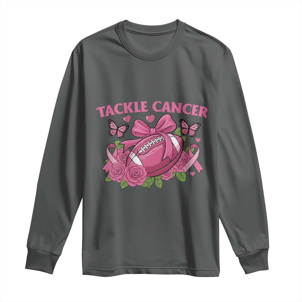Tackle Cancer Long Sleeve Shirt Football Breast Cancer Awareness Pink Ribbon TS12 Dark Heather Print Your Wear