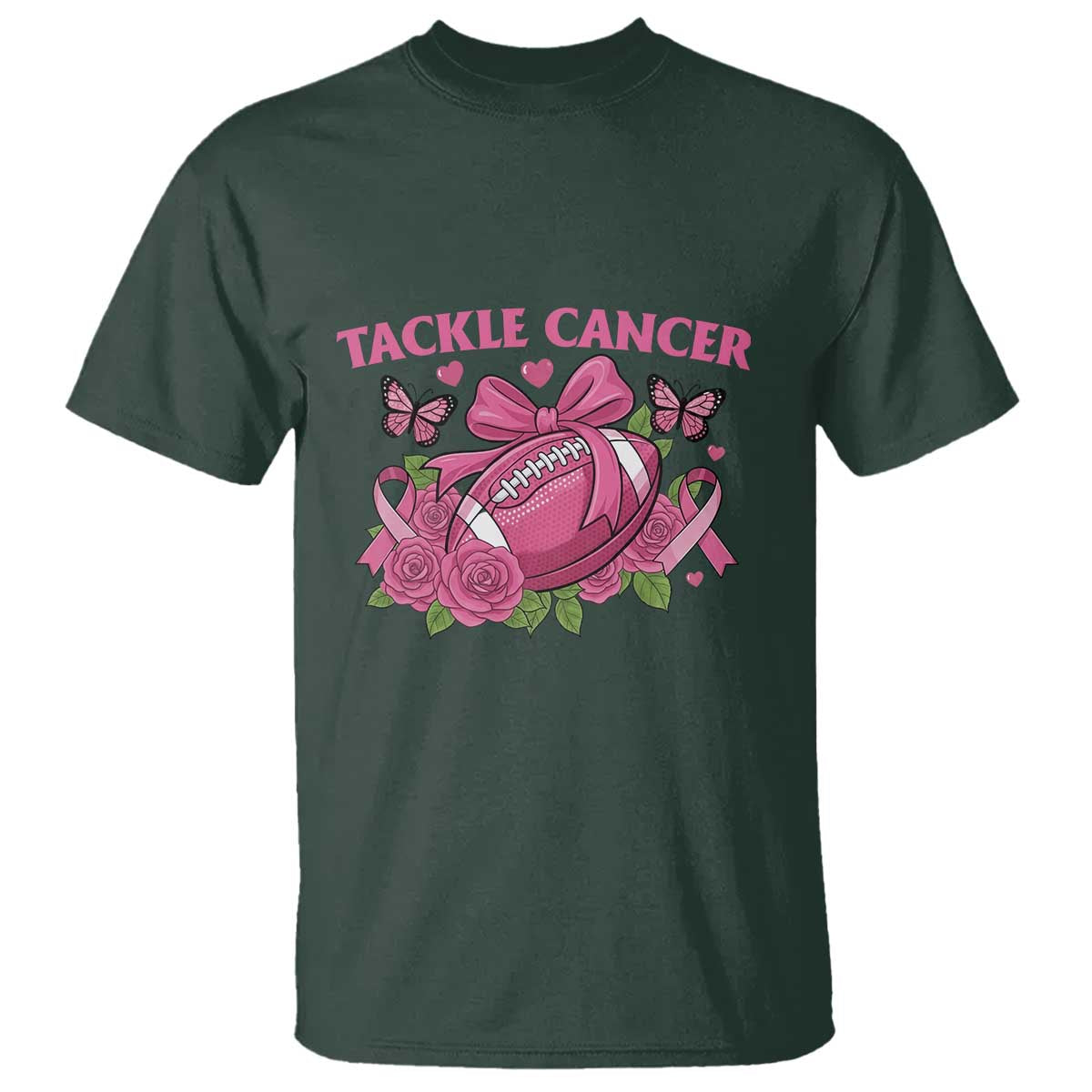 Tackle Cancer T Shirt Football Breast Cancer Awareness Pink Ribbon TS12 Dark Forest Green Print Your Wear