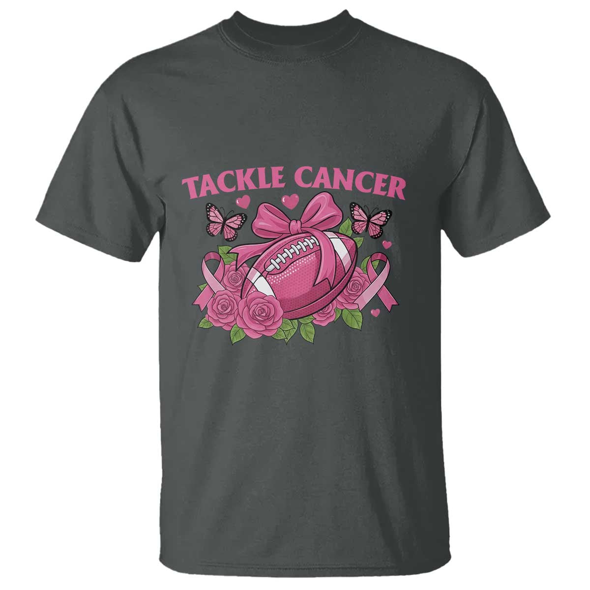 Tackle Cancer T Shirt Football Breast Cancer Awareness Pink Ribbon TS12 Dark Heather Print Your Wear