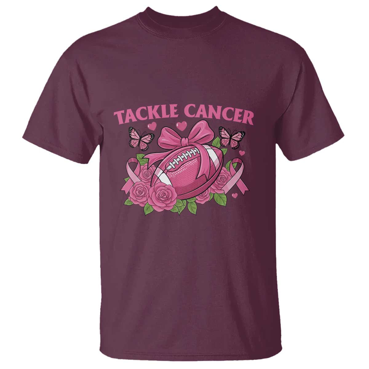 Tackle Cancer T Shirt Football Breast Cancer Awareness Pink Ribbon TS12 Maroon Print Your Wear