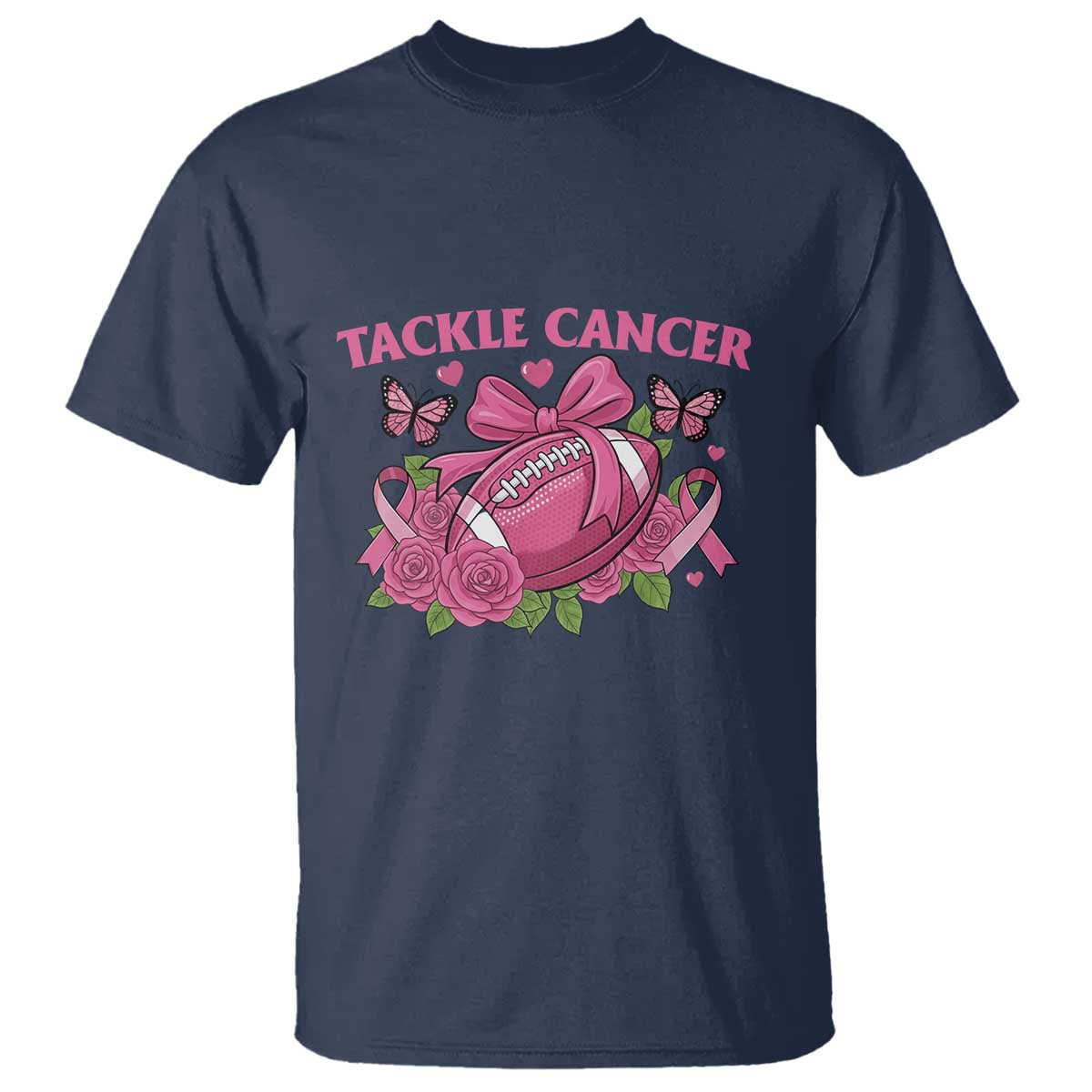 Tackle Cancer T Shirt Football Breast Cancer Awareness Pink Ribbon TS12 Navy Print Your Wear