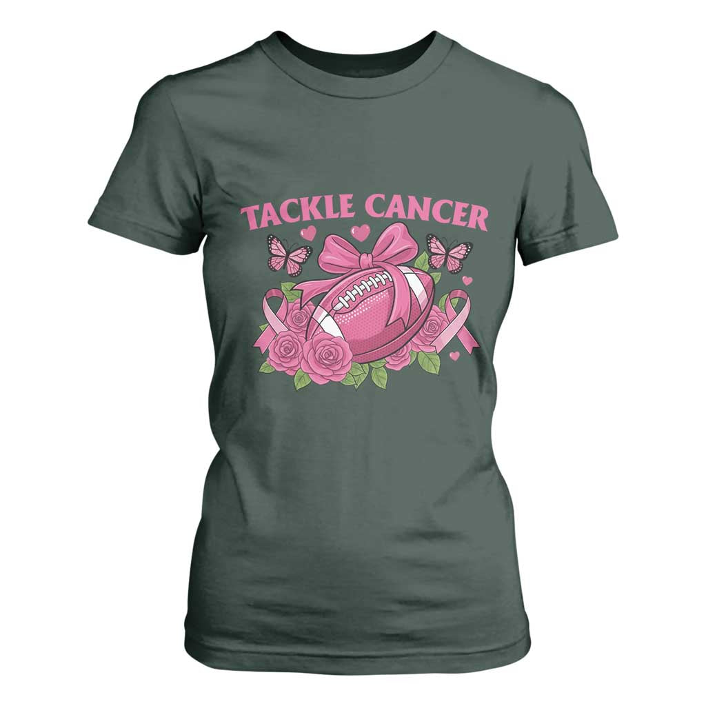 Tackle Cancer T Shirt For Women Football Breast Cancer Awareness Pink Ribbon TS12 Dark Forest Green Print Your Wear