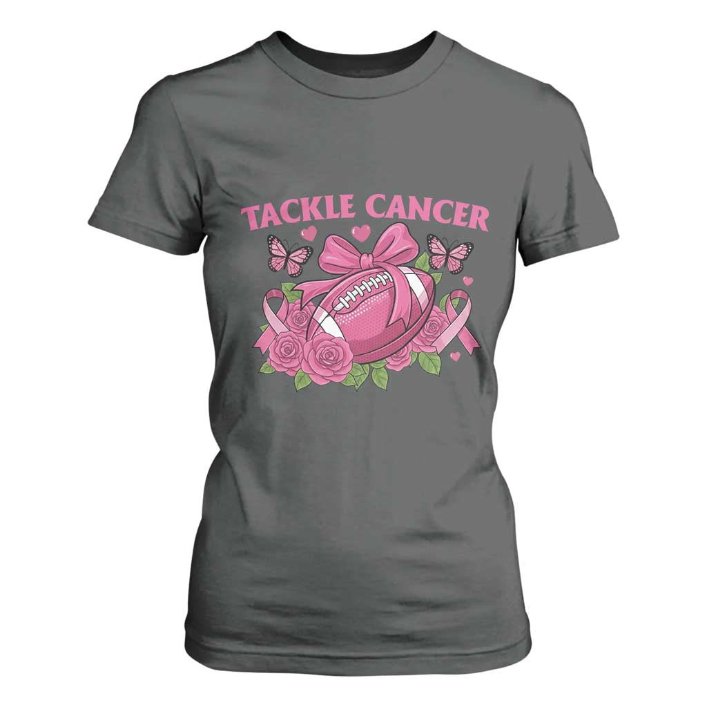 Tackle Cancer T Shirt For Women Football Breast Cancer Awareness Pink Ribbon TS12 Dark Heather Print Your Wear