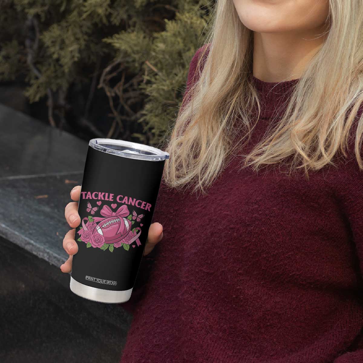 Tackle Cancer Tumbler Cup Football Breast Cancer Awareness Pink Ribbon TS12 Print Your Wear