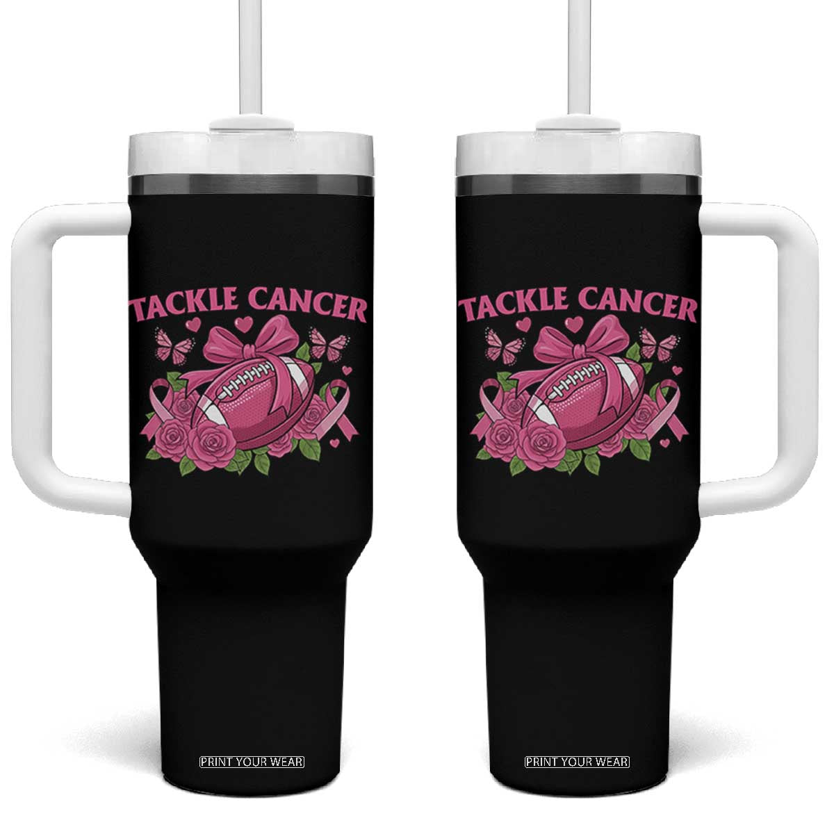 Tackle Cancer Tumbler With Handle Football Breast Cancer Awareness Pink Ribbon TS12 One Size: 40 oz Black Print Your Wear