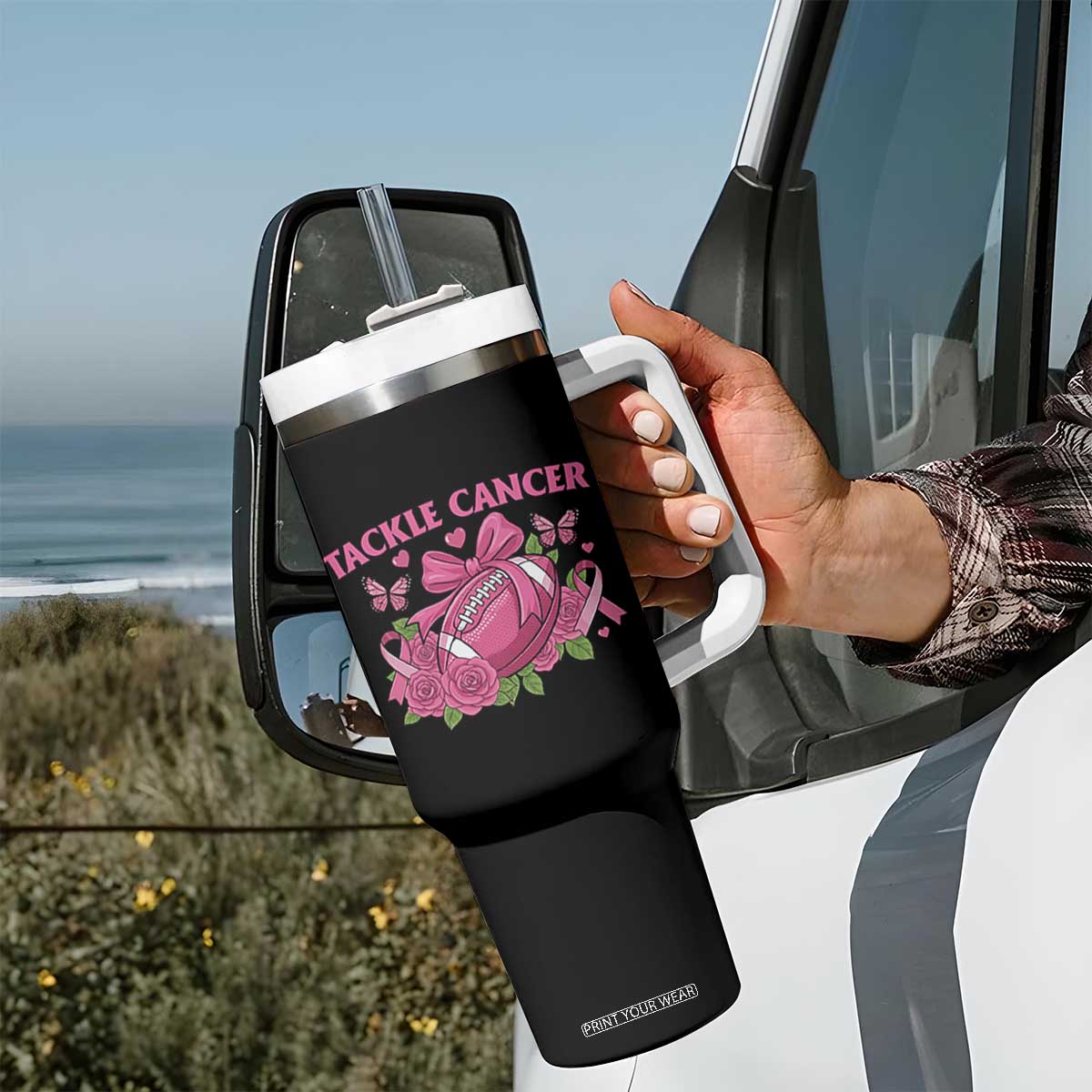 Tackle Cancer Tumbler With Handle Football Breast Cancer Awareness Pink Ribbon TS12 Print Your Wear