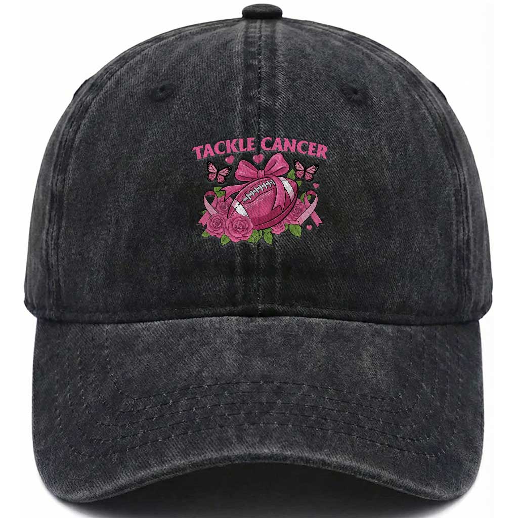 Tackle Cancer Washed Cotton Baseball Cap Football Breast Cancer Awareness Pink Ribbon TS12 Print Your Wear